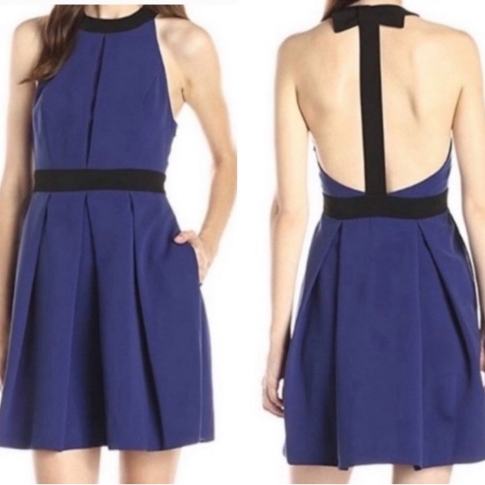 Jill Stuart Elegant Blue & Black Halter Cocktail Dress Size 10